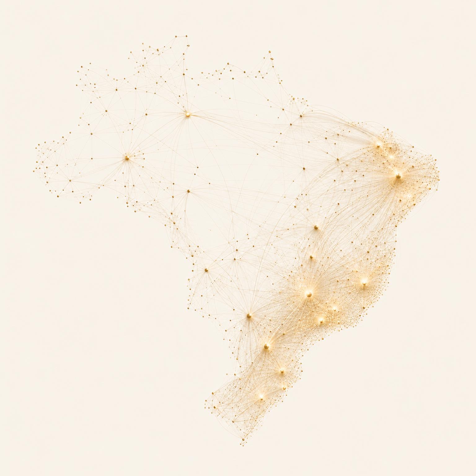 Mapa do Brasil como rede viva de pontos e conexões — inteligência territorial VERTA