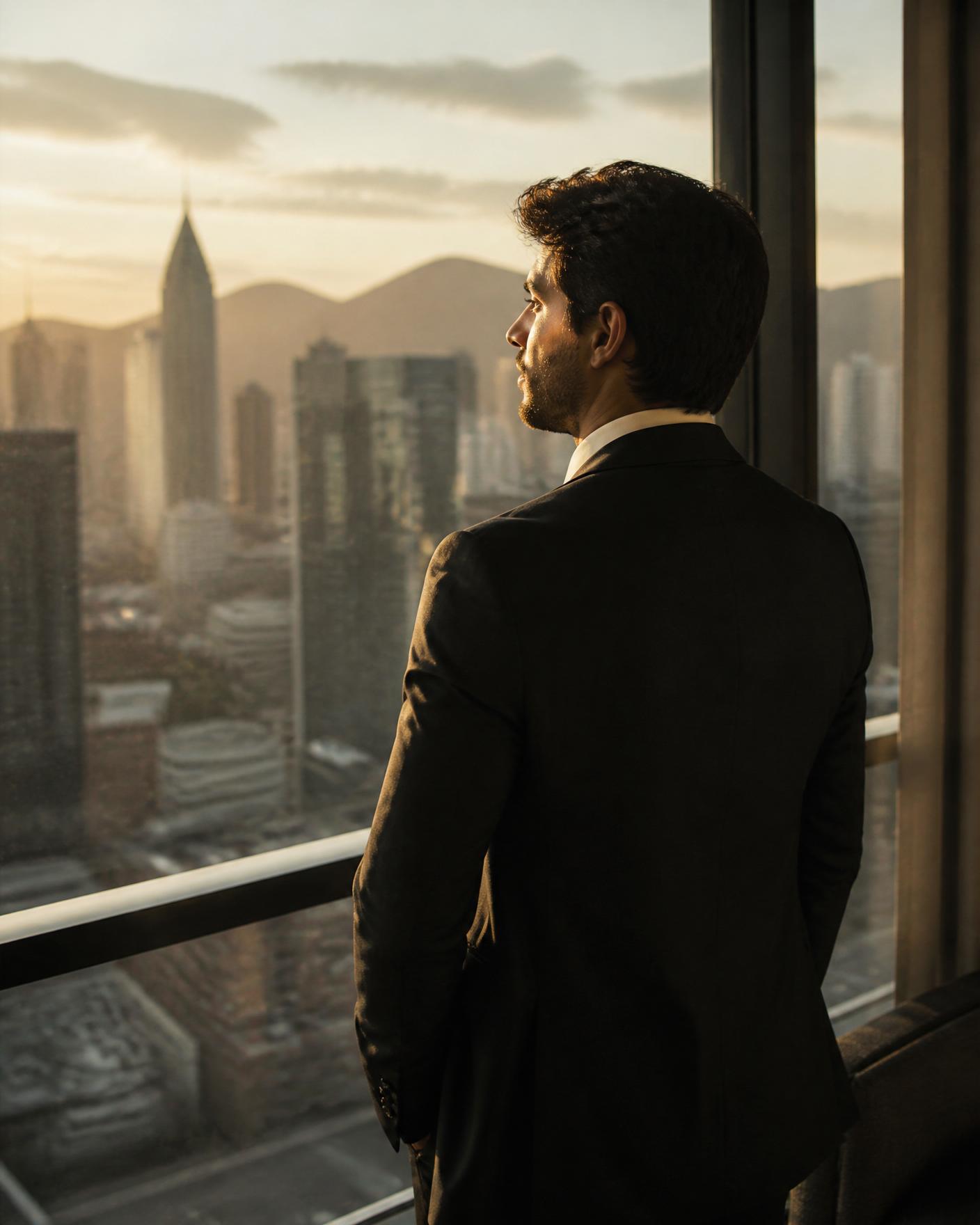 Executivo brasileiro observando a cidade ao entardecer